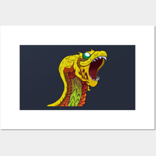 Yellow and red snake head with sharp fangs and sapphire green eye Posters and Art